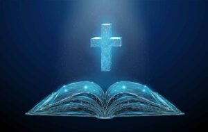 Abstract glowing blue open bible with glowing blue cross hovering above