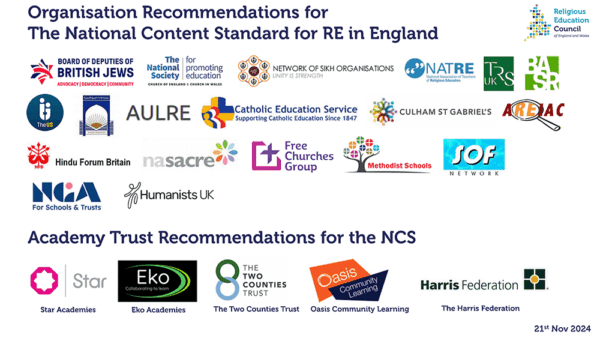 Organisation recommendations for the national content standard for RE in England Religious Education Council of England and Wales Board of Deputies of British Jews The National Society for promoting education Network of Sikh Organisations NATRE TRS UK BASR The US Al-Khoei Foundation AULRE Catholic Education Service Culham St Gabriel's AREIAC Hindu Forum Britain NASACRE Free Churches Group Methodist Schools SOF Netwok NGA for Schools and Trusts Humanists UK Academy recommendations for the NCS Star Academies Eko Academies The Two Counties Trust Oasis Community Learning The Harris Federation